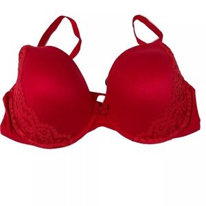 Body By Victorias Secret 34DD Lined Perfect Coverage Bra Red Floral Lace #0130
